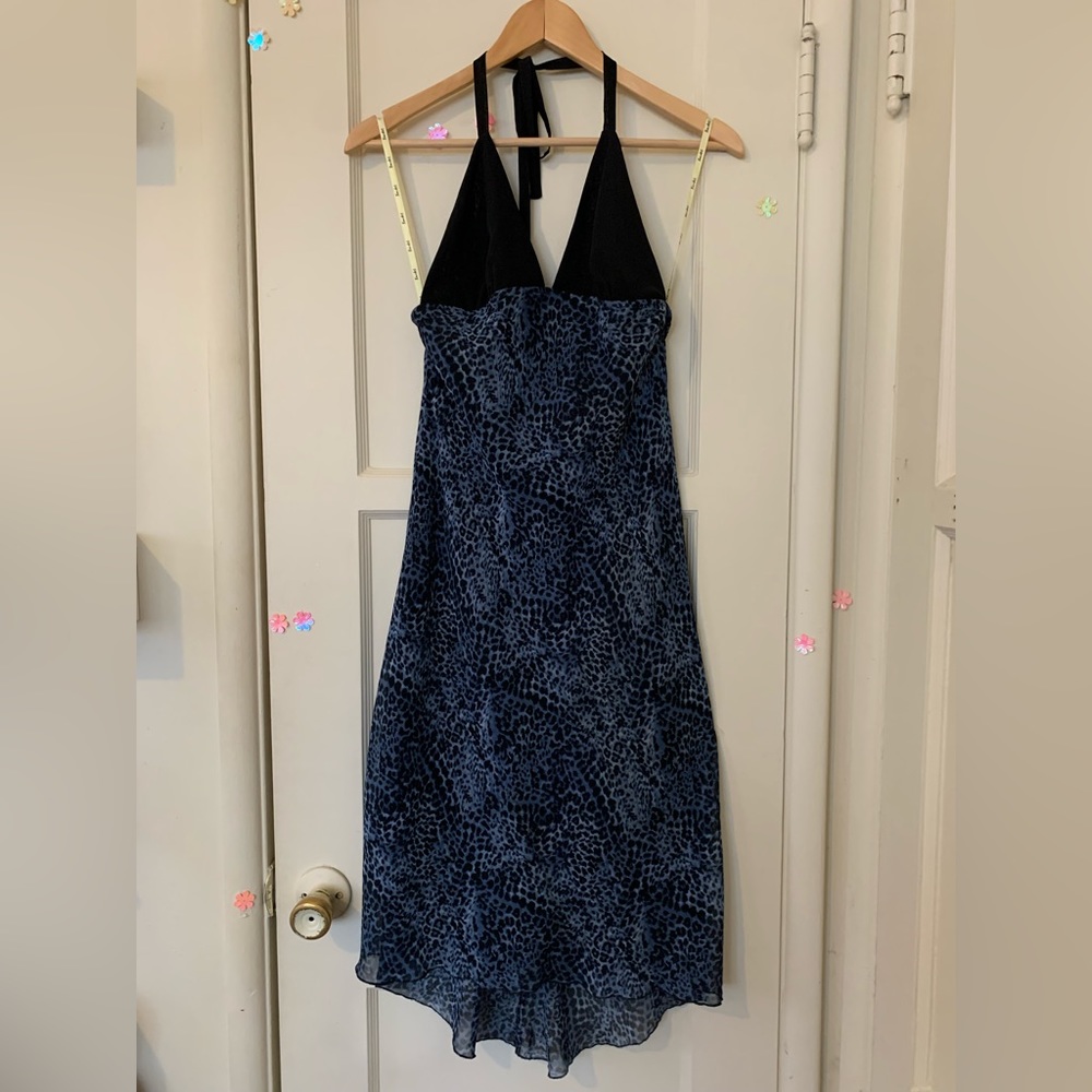 Y2K leopard print black and blue halter top backless dress